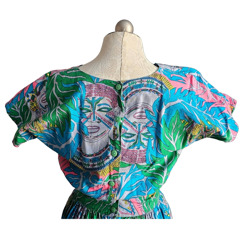 Vintage 80s Cotton African Mask Novelty Print Dress XS Small